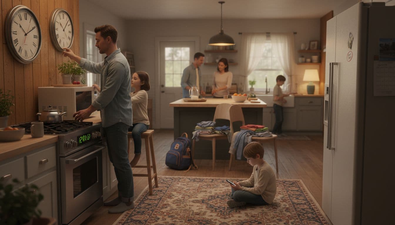 Parents and kids in a warm kitchen adjust clocks on oven, microwave, wall clock, and phone alarms the night before daylight saving. Kids set out school bags and clothes in a cozy evening with soft lighting and calendar showing March 8, 2026.