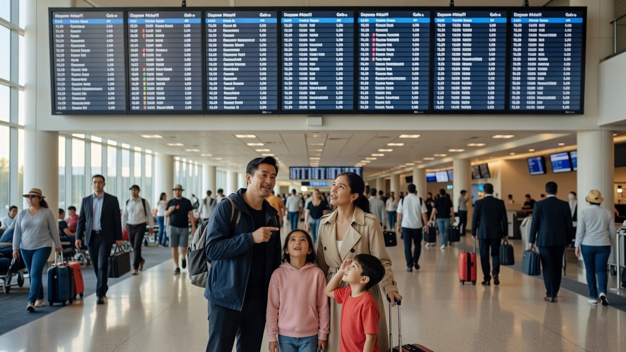 A family of four stands in a sunlit, bustling airport terminal observing a large flight information board. Passengers walk through the background while the travelers assess their upcoming holiday departure schedule.