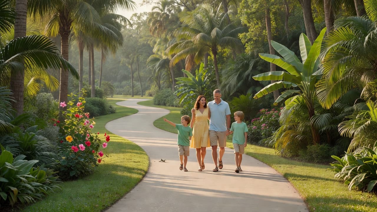 A family of four walks together along a peaceful dirt path surrounded by dense, vibrant palm leaves and tropical foliage. Soft morning sunlight filters through the trees, illuminating the quiet trail.