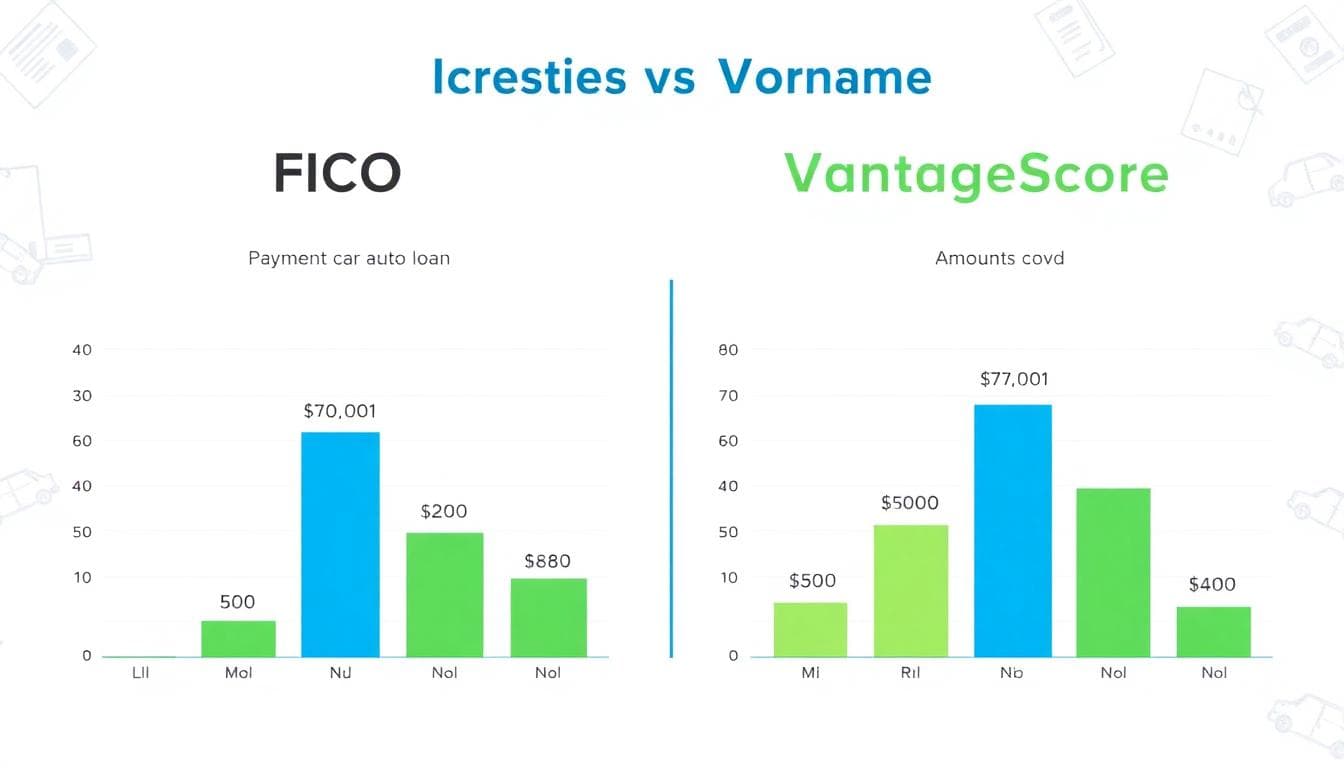 Side-by-side infographic comparing FICO and VantageScore models for auto loans, showing score ranges, weighting icons, and auto loan approval visuals. Clean blue and green vector style with subtle car and loan document motifs.