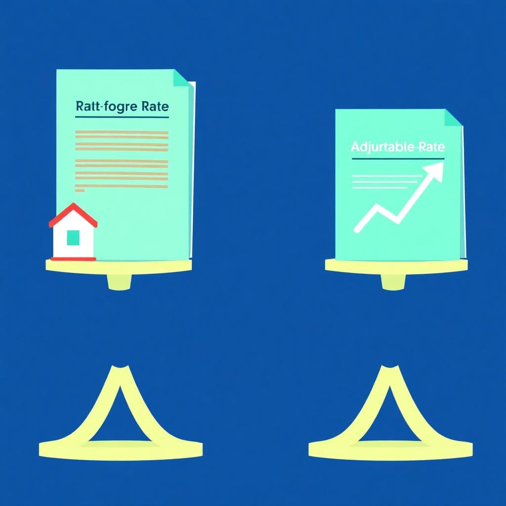 Illustration of a scale comparing fixed and adjustable mortgage documents with icons for stability and change