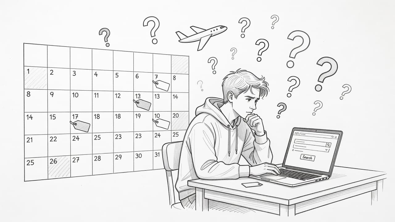 A detailed graphite sketch on white paper features a person staring at a laptop displaying a flight search. Floating question marks surround a small airplane icon near a calendar grid.