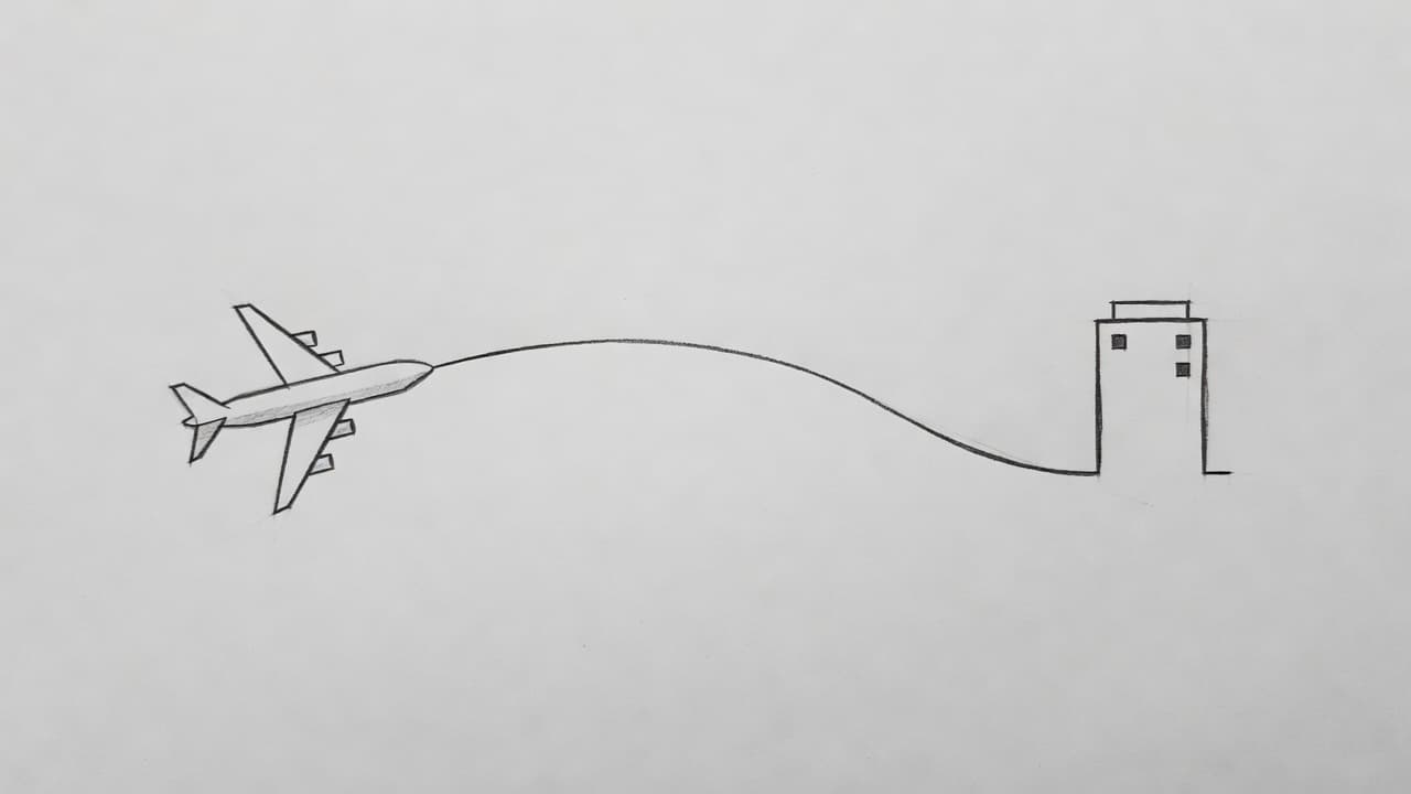 A clean graphite drawing on gray paper displays a stylized airplane icon and a hotel building silhouette. A single continuous line connects both elements to represent an integrated travel booking package.