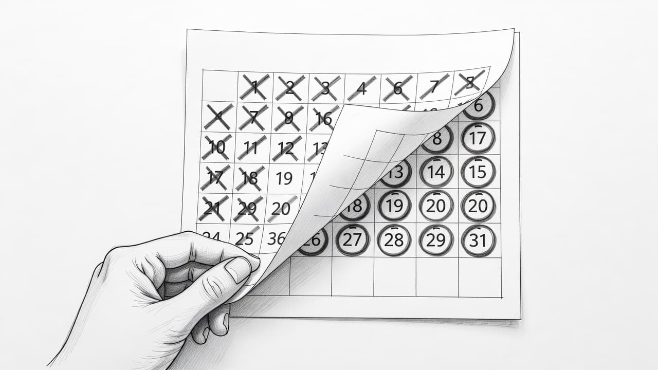 A graphite drawing on white paper depicts a hand turning a calendar sheet. Previous dates are crossed out with dark strokes, while upcoming 2026 dates are highlighted with prominent circles.
