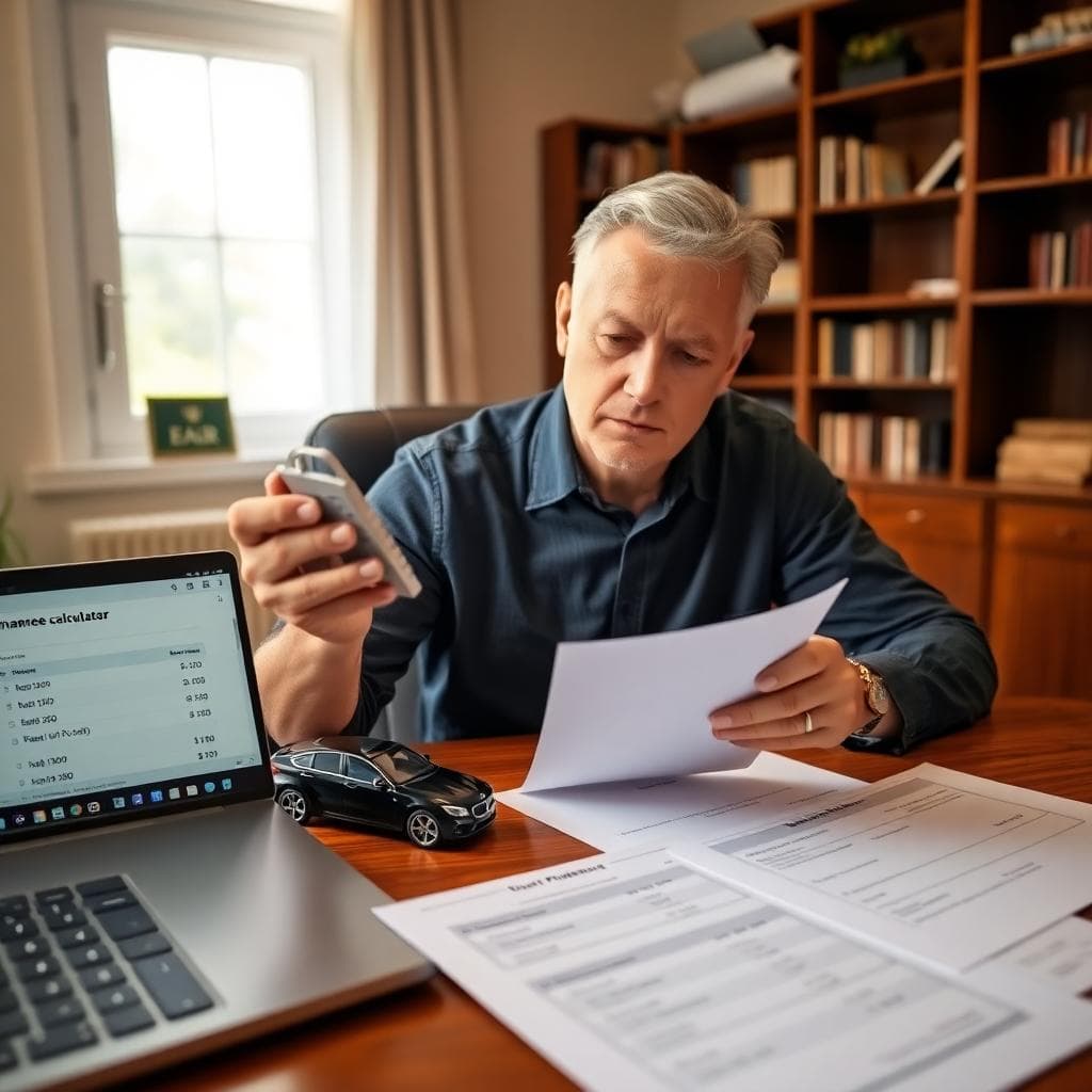 Focused car buyer reviewing loan options with calculator, model car, and laptop financing calculator on a desk