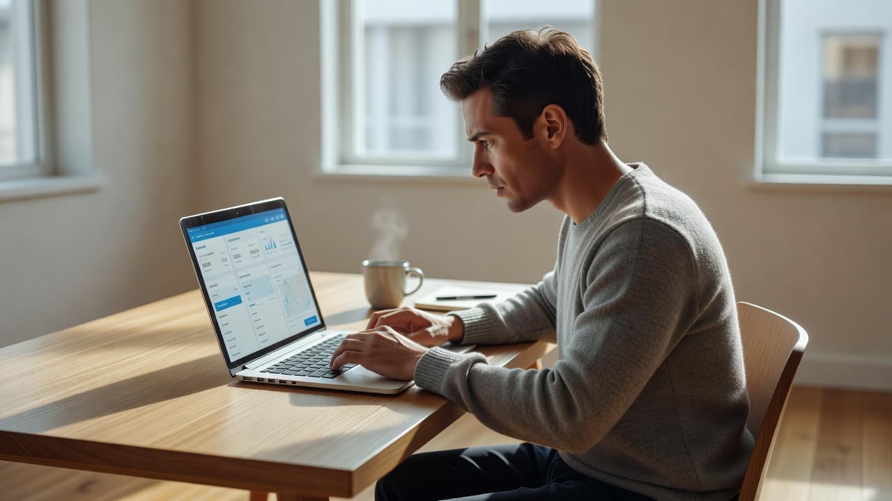 A focused individual sits at a minimalist wooden desk in a bright home office, carefully comparing various flight prices on a sleek laptop screen while considering their next travel destination.