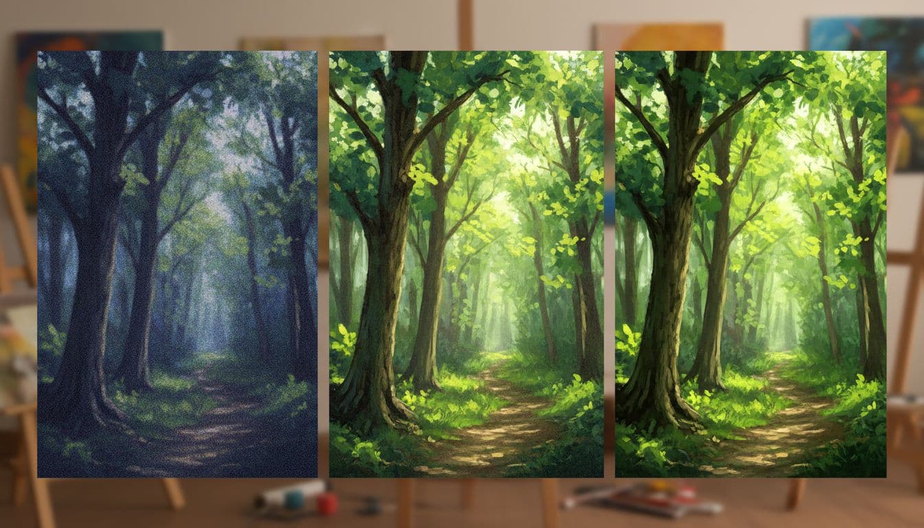 A triptych artwork on canvas showing a forest path