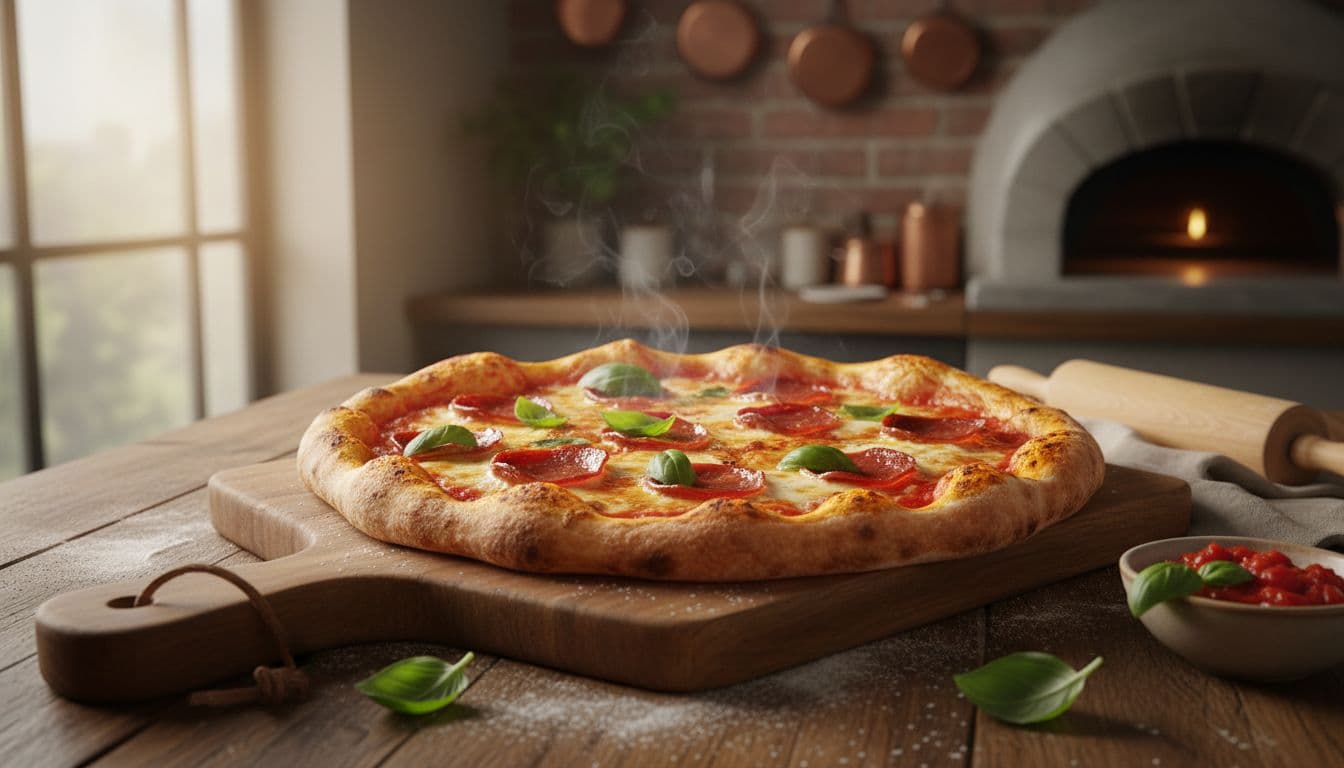 Fresh homemade pepperoni and basil pizza on a wooden board in a cozy kitchen