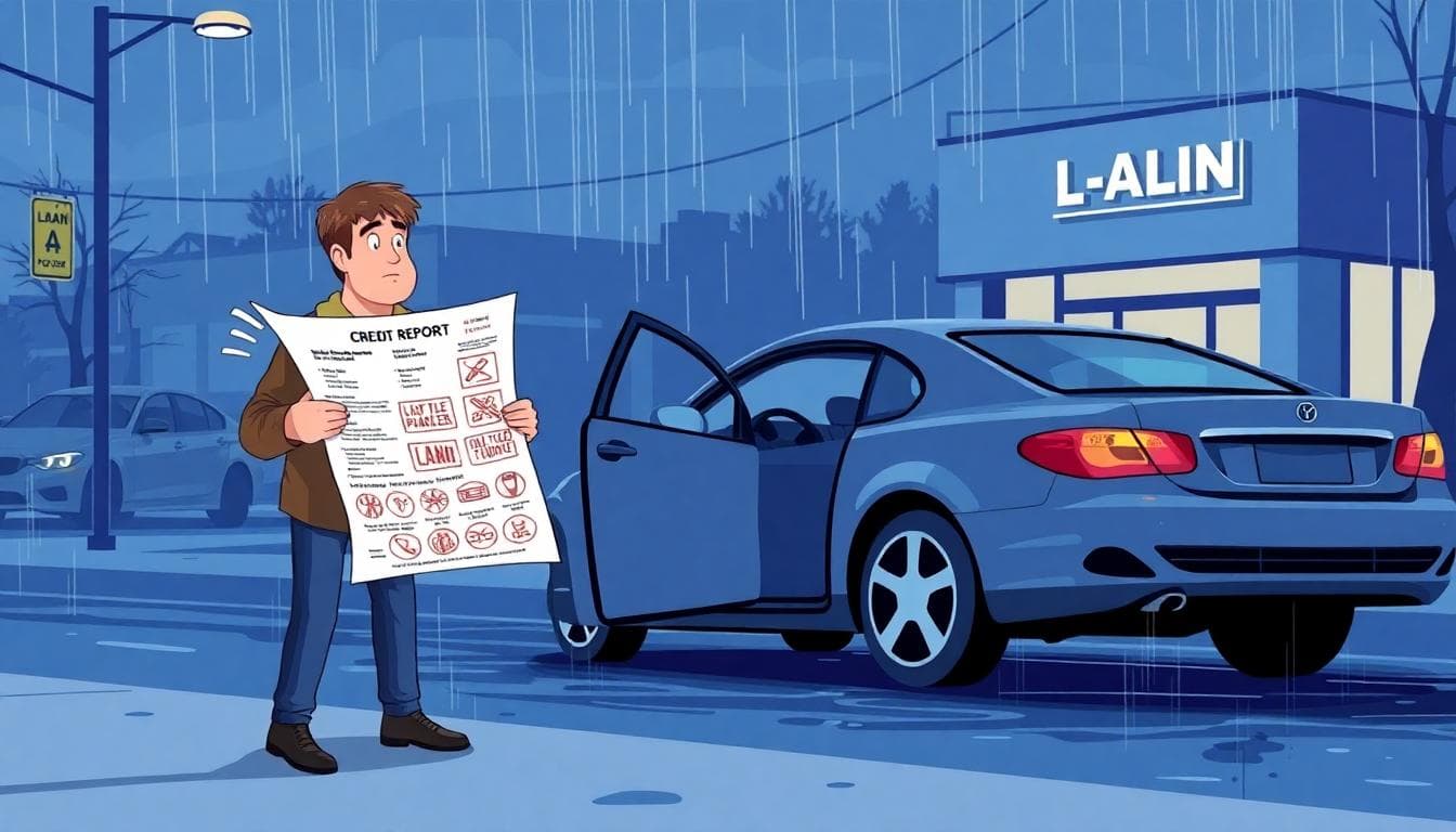 Frustrated driver beside a broken-down car in the rain, holding a credit report with signs of late payments, debt, and collections; a dealership sits in the background
