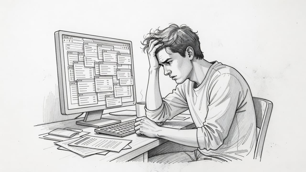 A graphite sketch depicts a person sitting at a cluttered desk, leaning forward while staring at a computer monitor with multiple open tabs. The hand-drawn aesthetic uses soft shading and outlines.
