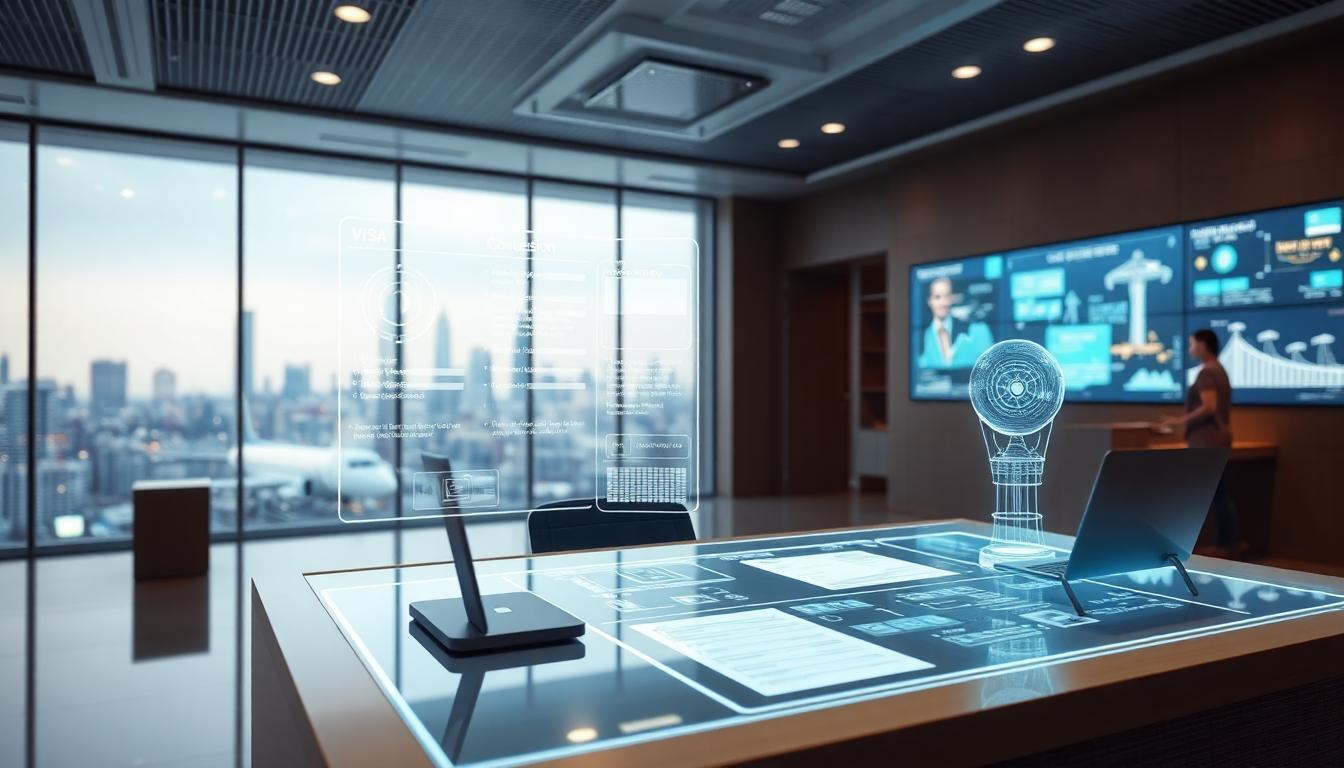 AI Consulate vs. Virtual Embassy: Why Your Passport Might Still Need a Human (and No, AI Won’t Stop You at the Border) A modern AI Consulate: human staffer processes visas at a holographic AI interface, digital cityscape glowing in background. Cinematic, high detail. Image created with AI.