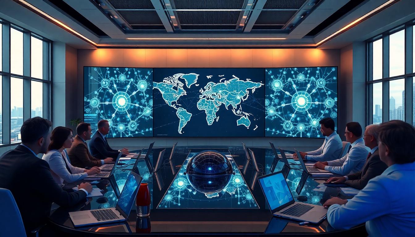 AI Consulates 10 year from today Futuristic global conference where diplomats review predictive AI models and multi-stakeholder networks. Image created with AI