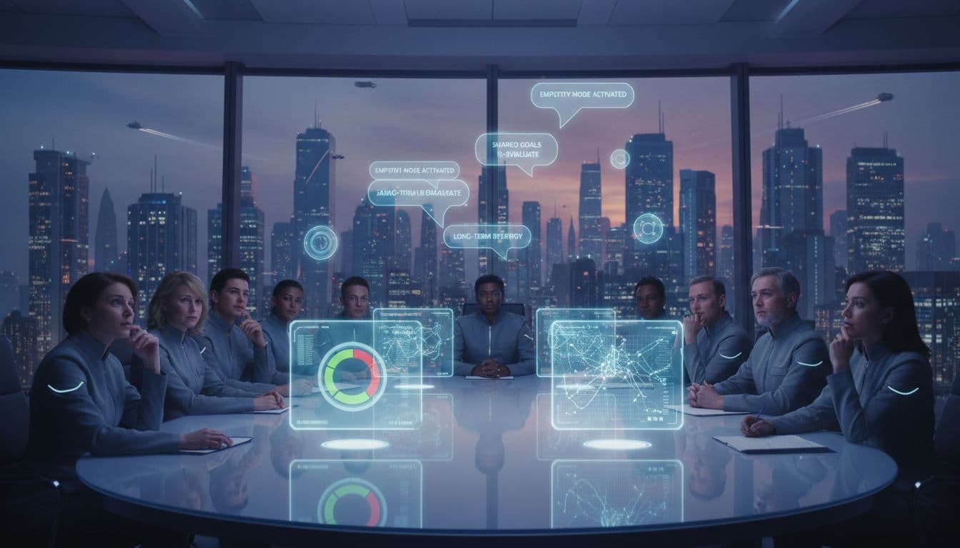 Diverse professionals in a futuristic conference room argue around a table, softened by glowing holographic AI interfaces showing sentiment analysis and calm suggestions. Background features a city skyline at dusk in realistic sci-fi style with cool blue tones and dramatic hologram lighting.