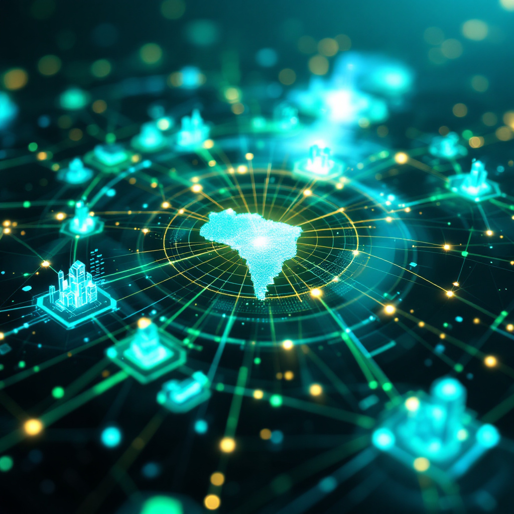 AI Consulate General of Brazil: Advancing Diplomacy With Smart Partnerships and Modern Services Abstract futuristic image with data streams, holographic icons, and network lines linking Brazil to major cities, showing the growth of smart diplomacy. Image created with AI.