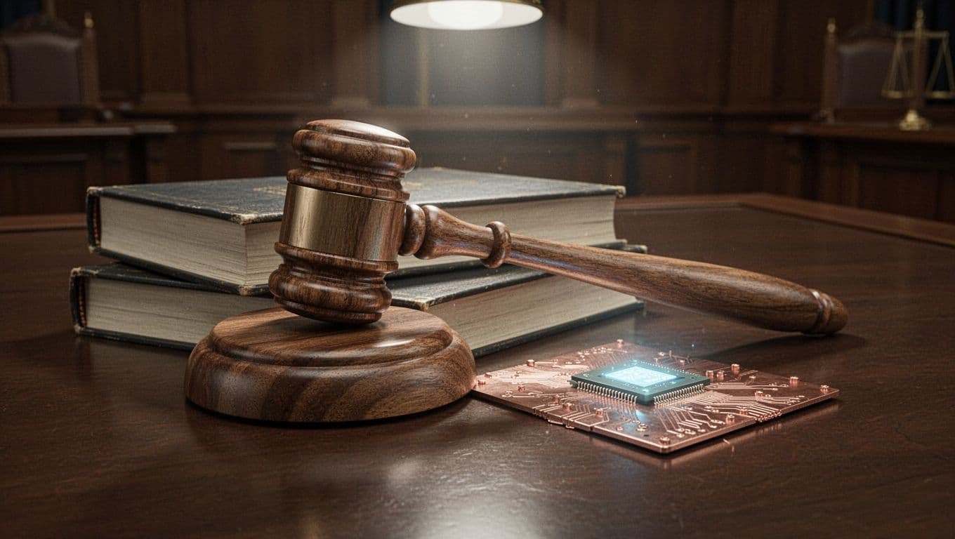 Wooden gavel rests atop thick legal books next to glowing microchip on circuit board on dark wood table under spotlight.