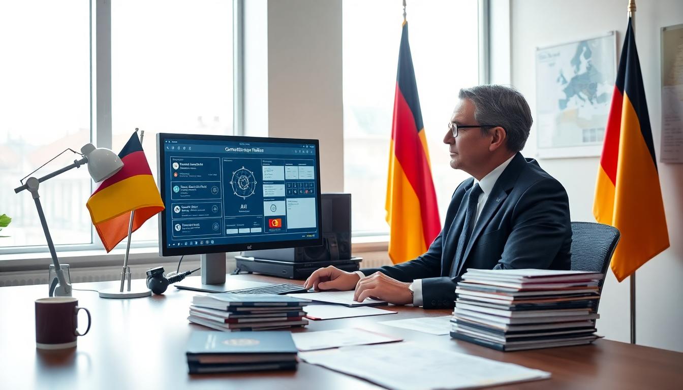 A German consular officer reviews digital visa files with an AI interface in a Berlin embassy office. Image created with AI.