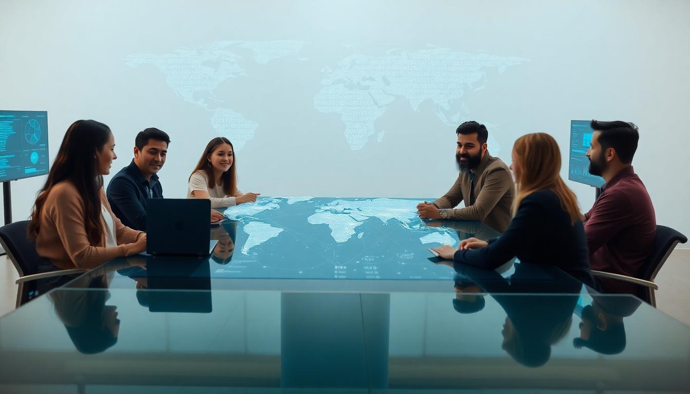 Which Countries Have AI in 2025? (Top Places Powering Smart Tech Worldwide) Ultra-realistic photo of a diverse global team meeting around a glowing world map table. Data lines and screens display AI models, symbolizing future global collaboration. Image created with AI.