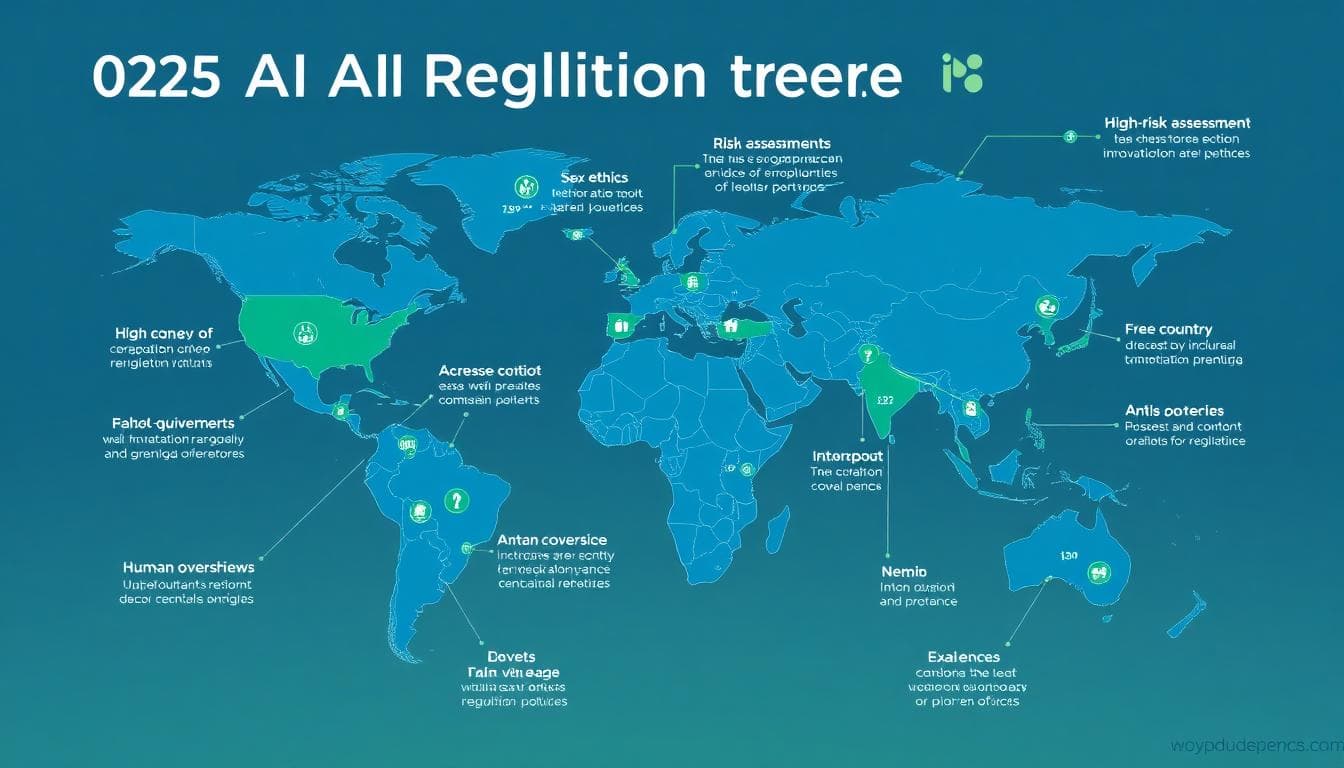 Global map highlighting shared AI regulation themes like risk, transparency, and oversight. Image created with AI.