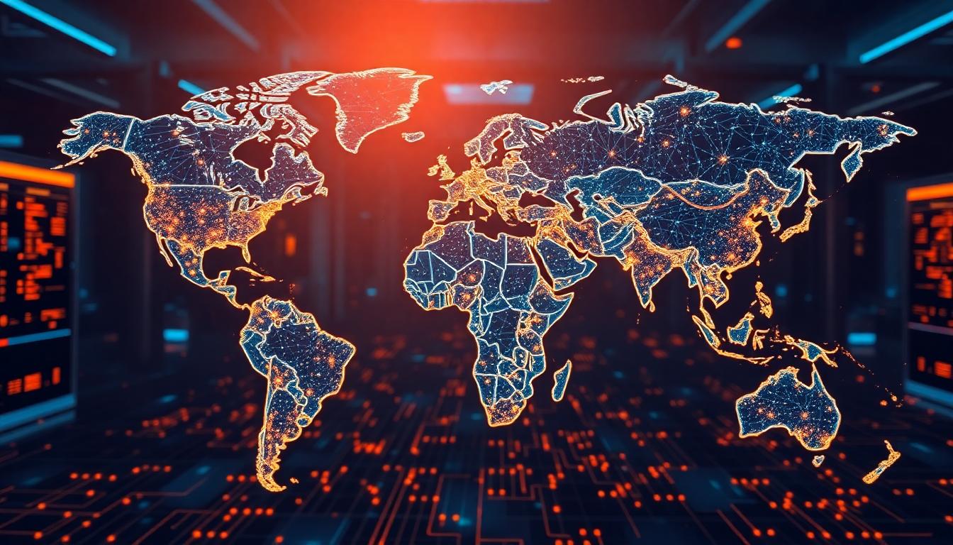 Which Countries Have AI in 2025? (Top Places Powering Smart Tech Worldwide) A world map illuminated with glowing AI circuit lines. Major city data hubs stand out against warm blue and orange tones. Servers and digital grids blend into the background. Image created with AI.