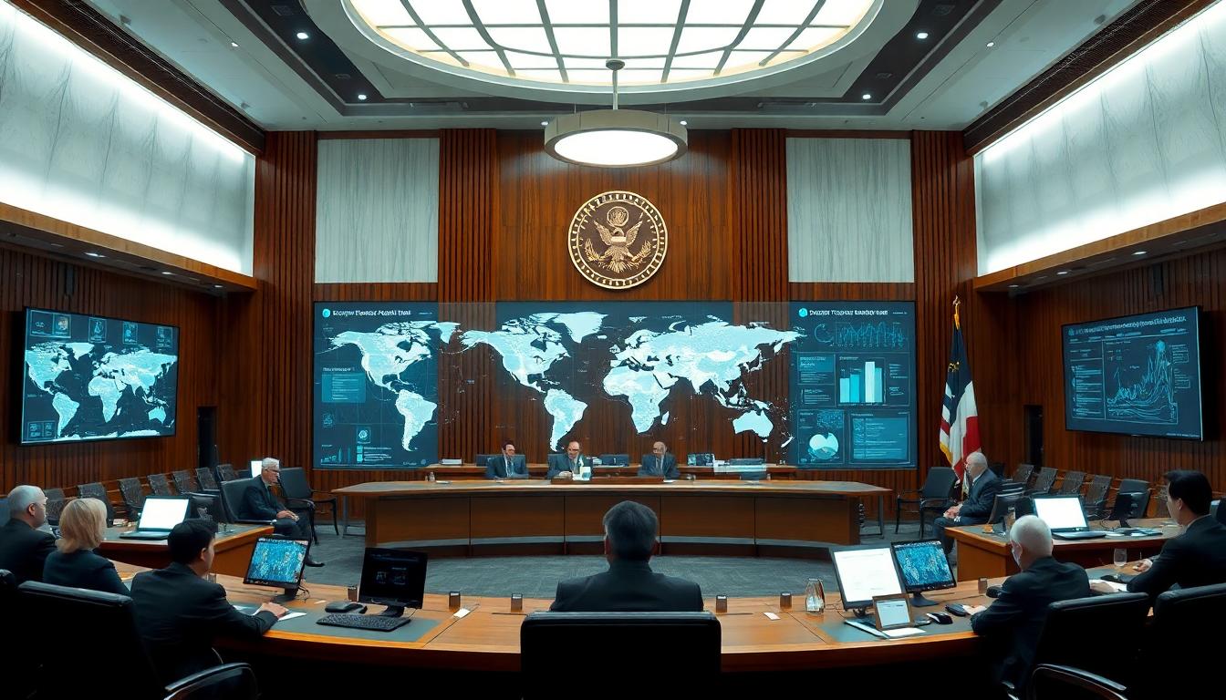 Which Countries Have AI in 2025? (Top Places Powering Smart Tech Worldwide) A government meeting room lit by bright screens. Holographic AI policy charts and global maps are displayed as officials review new regulations. Modern and high-tech mood. Image created with AI.