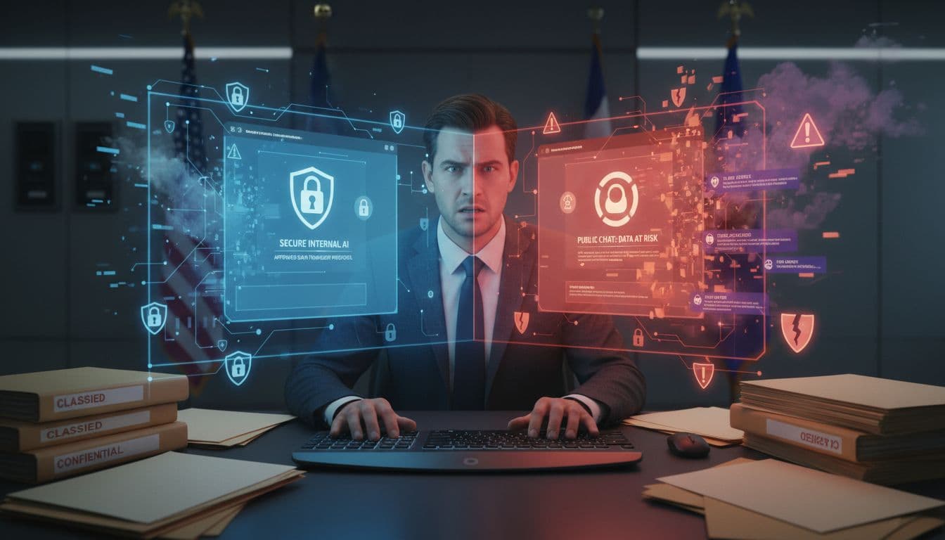 AI Diplomacy in 2025, What You Need to Know (Deepfakes, Data, Trust) A tense government office worker hesitates before entering sensitive diplomatic data into an AI chatbot, with a split screen contrasting a secure internal AI interface in cool blues against a risky public chatbot with data leak warnings in warm reds.