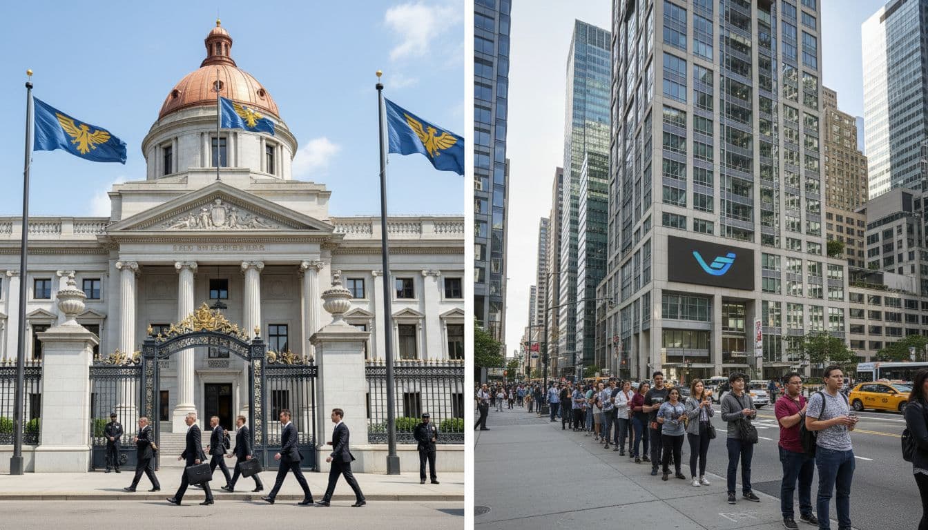 AI Consulate vs Embassy: The Complete Guide to Understanding Diplomatic Missions in 2026 A majestic embassy in a capital city with flying flags and suited diplomats entering the gates, contrasted in a split scene with a modern consulate office in a busy urban area where people line up for services under clear daytime skies.