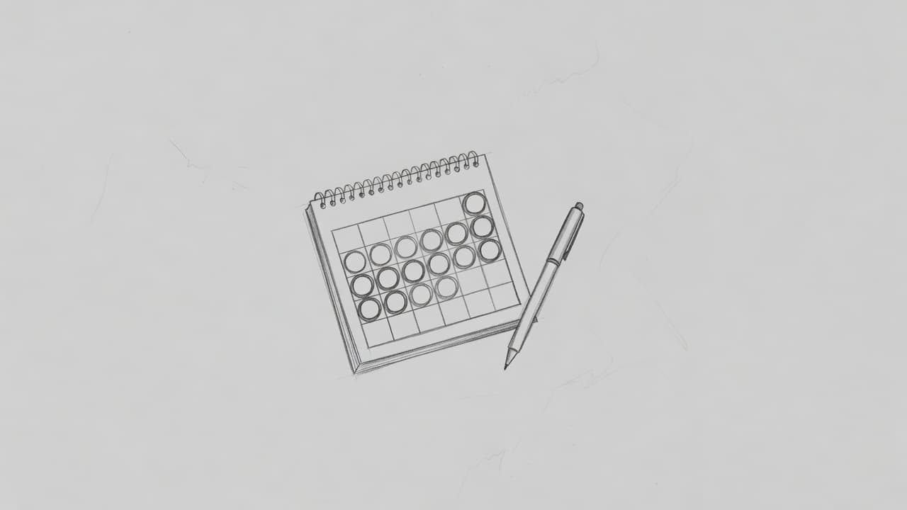 A minimalist graphite drawing features a desk calendar with multiple dates circled in pencil. A single pen rests beside the paper on a soft, light gray background with gentle shading.