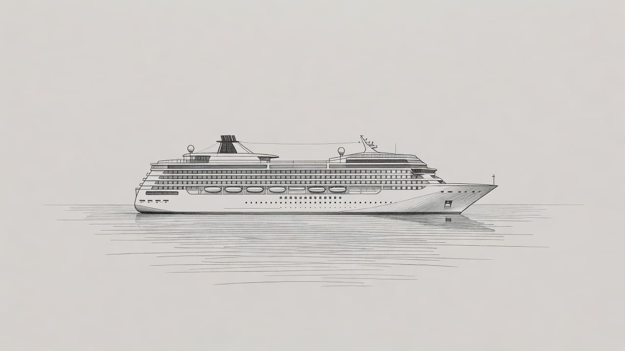 A detailed pencil drawing of a large cruise ship sits on calm, stylized water. Sharp, clean linework on light gray paper highlights the vessel's decks and railings against a clear background.