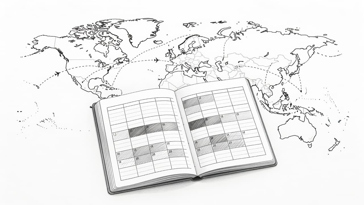 A graphite drawing shows an open calendar grid sitting atop a world map. Delicate dashed flight paths trace across continents, providing a visual guide for planning upcoming international travel adventures.