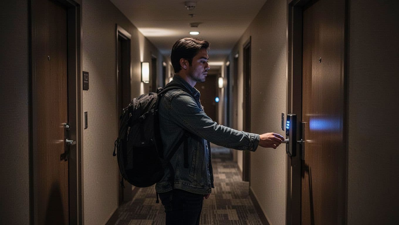 A traveler stands in a dimly lit hotel corridor reaching toward the electronic door handle. The narrow hallway is lined with dark patterned carpeting and soft overhead lighting casting long shadows.