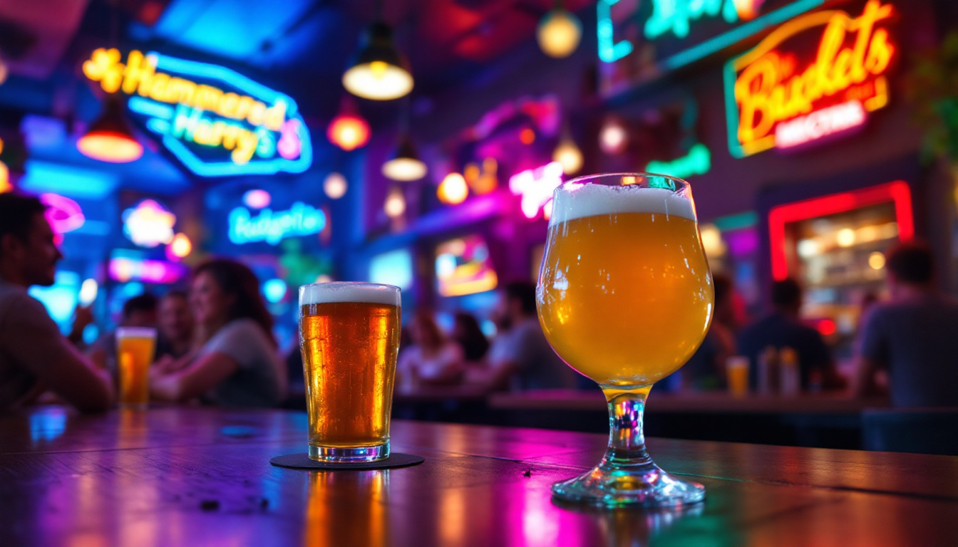 Ultra realistic image of Hammered Harry's Budget Beers at Neonopolis in Las Vegas, casual bar scene with neon lights, crowd enjoying beers and margaritas, arcade energy nearby. Image created with AI.