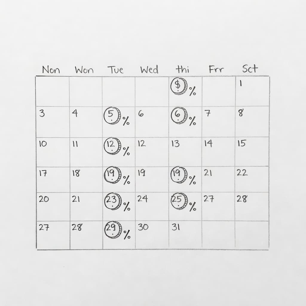 A graphite sketch on white paper features a grid calendar with specific dates marked by small hand-drawn coins and percentage symbols. Soft pencil shading highlights the financial planning and savings theme.