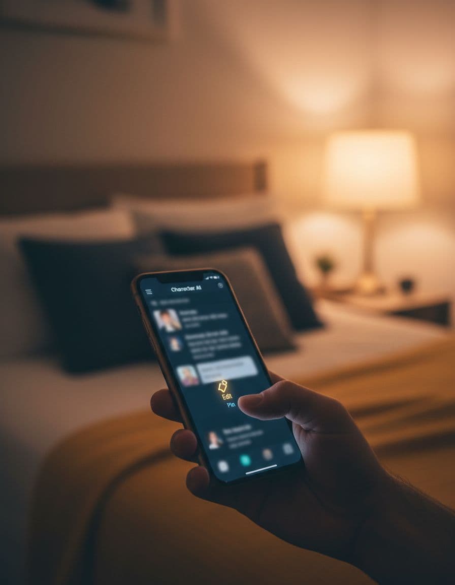 Close-up of a hand holding a smartphone in a relaxed bedroom at night, displaying a blurred Character AI chat app with edit or pin features, warm tones and dim lighting.