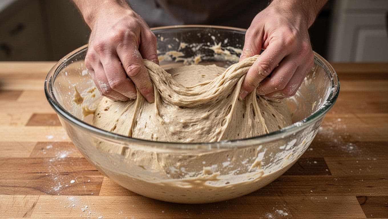 Realistic photograph of hands gently stretching and folding high-hydration sticky sourdough dough in a clear glass bowl on a wooden kitchen counter during early bulk fermentation. The dough looks wet, slack, and shaggy with a smooth wet surface, close-up view focusing on texture and motion.