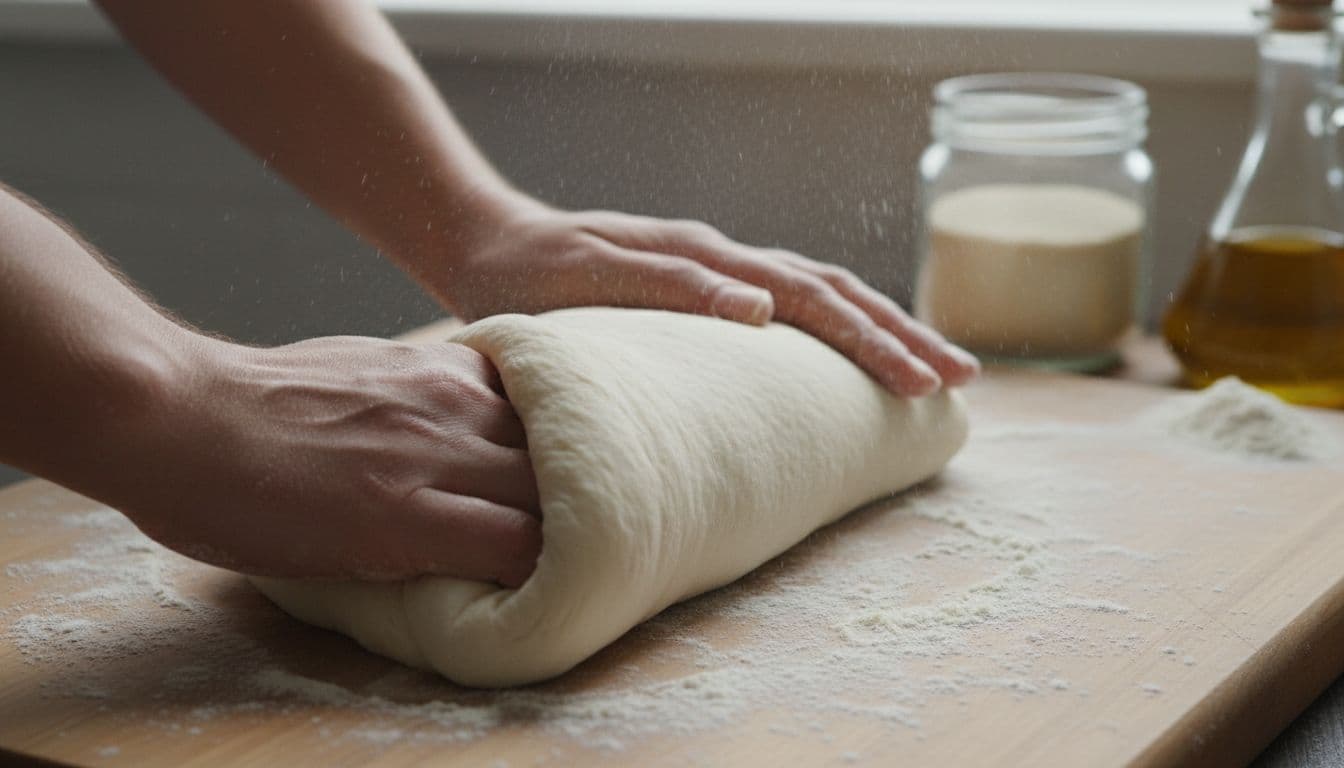 Hands kneading soft pizza dough on a floured wooden surface