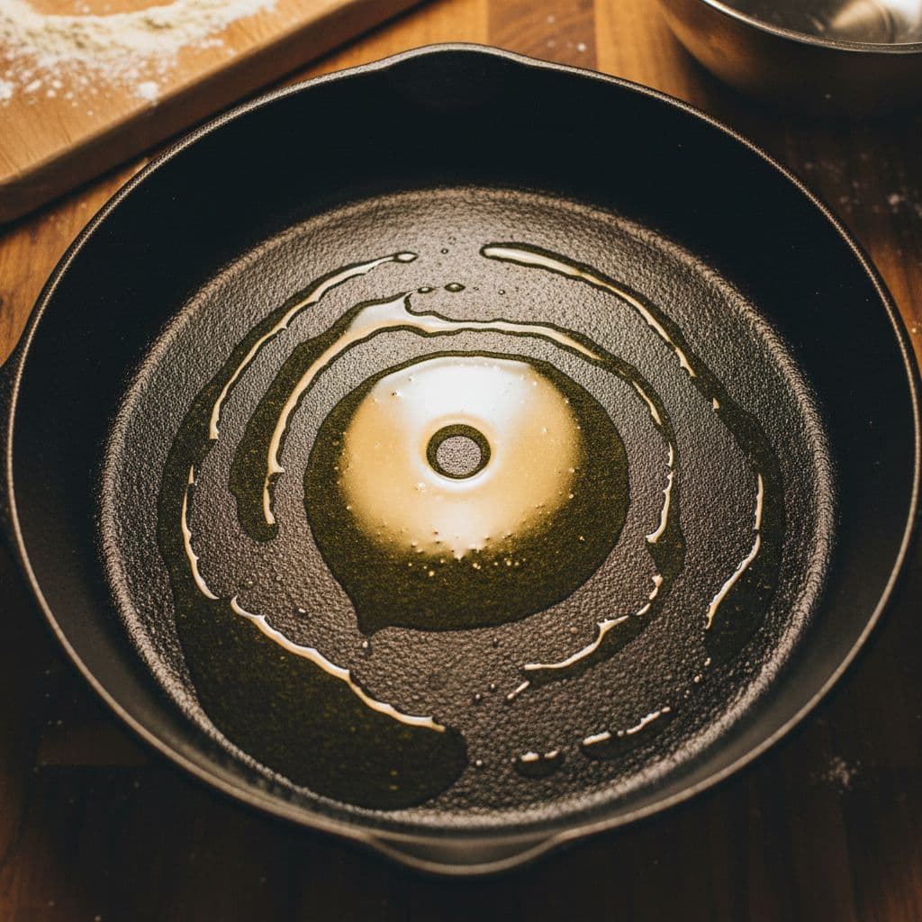 Hands pressing deep-dish dough into a greased cast-iron skillet
