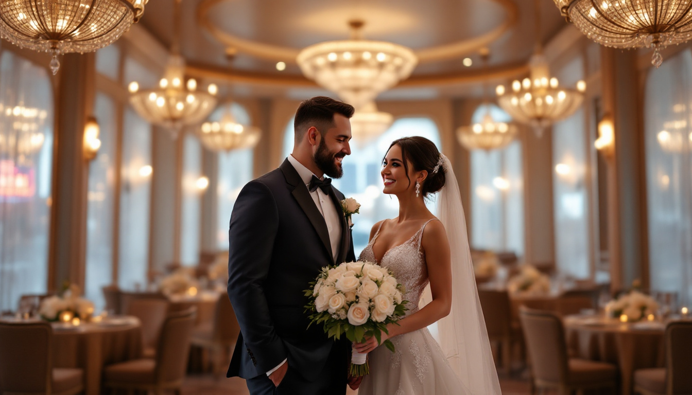 A joyful couple inside a glamorous Las Vegas wedding chapel, soft neon lights and elegant decor, celebrating their new marriage. Image created with AI.