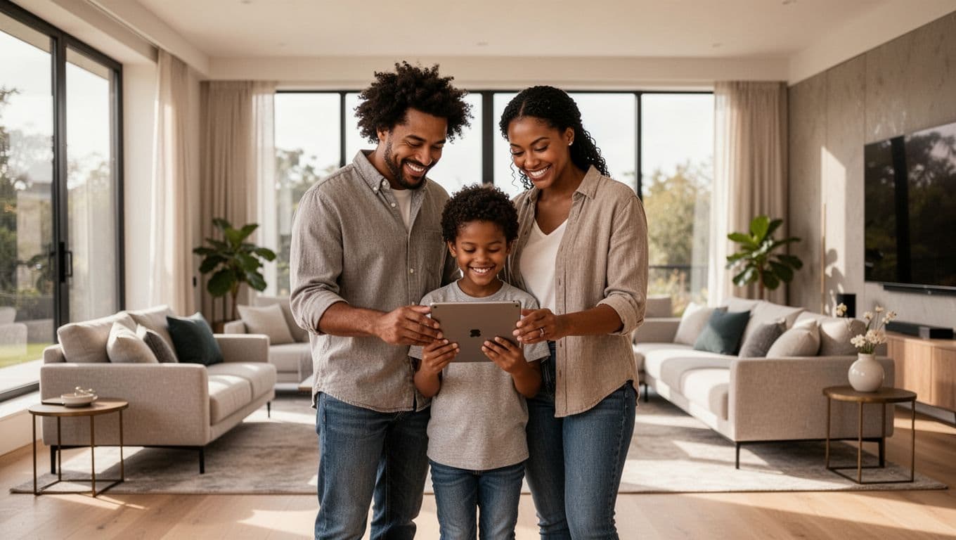 A happy mother, father, and young child stand together in a sunlit living room while smiling at a digital tablet. They appear engaged and excited as they browse potential travel destinations.