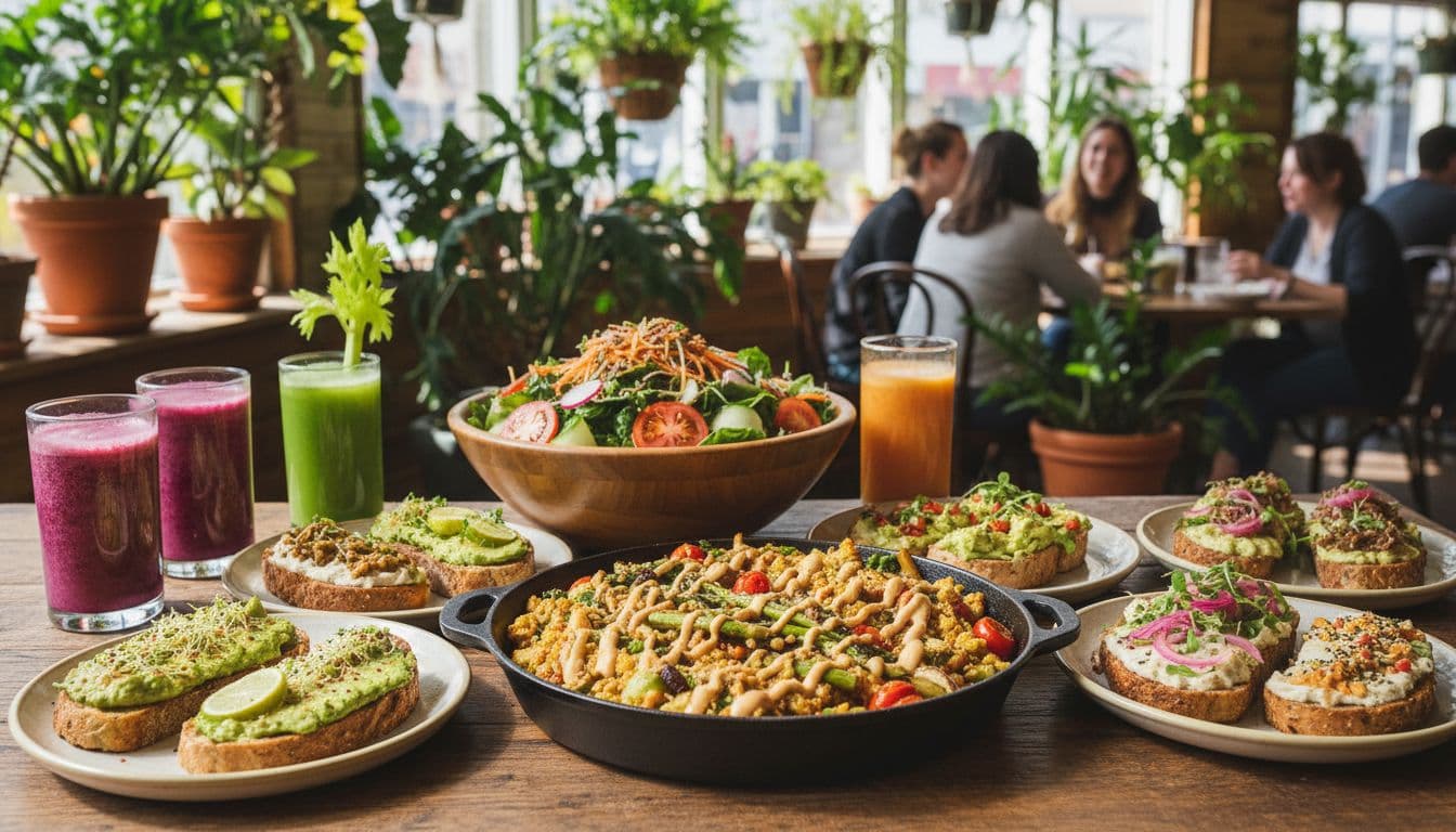 Plant-based brunch spread with veggie scramble, avocado toasts, salad, juices, and smoothies on a sunny cafe table. Image created with AI.