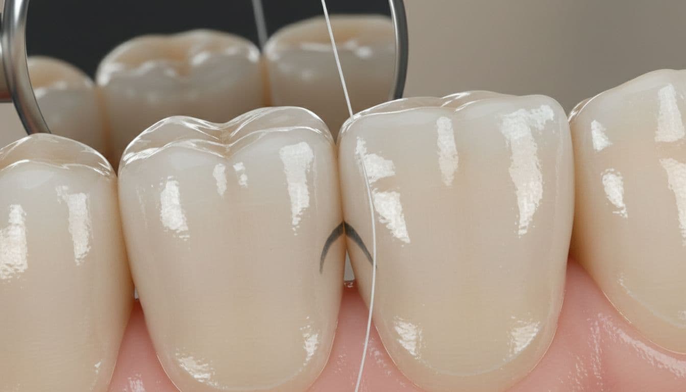 Realistic dental close-up from a slight angle showing two adjacent teeth with a subtle interproximal cavity visible as a dark shadow between the contact point, floss catching on the rough edge, under bright intraoral lighting.