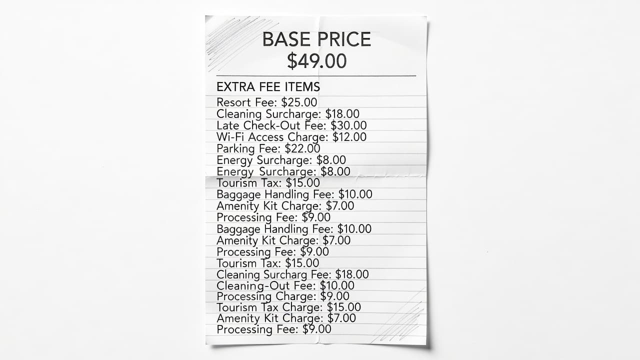 A graphite pencil sketch displays a hotel receipt on a stark white background. A minimal base rate sits at the top, followed by a long, detailed column of numerous extra fees.