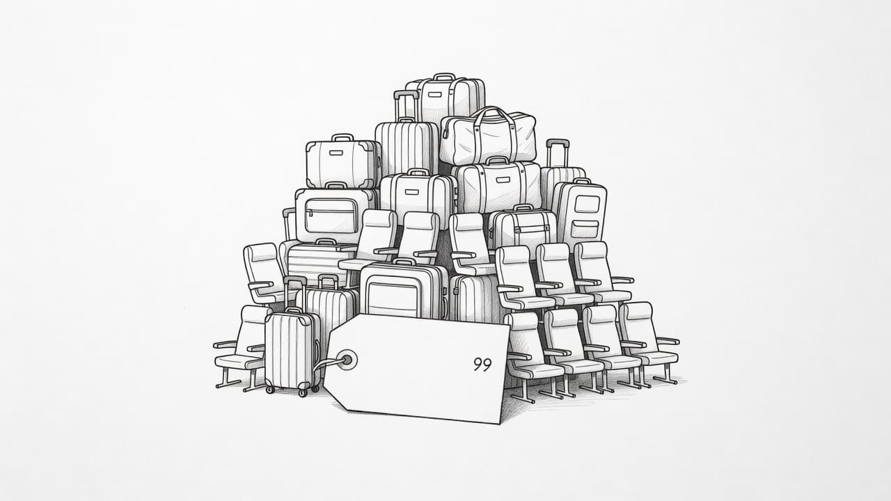 A detailed graphite drawing depicts a small price tag in the foreground. Behind it, a large, looming stack of baggage and seat icons represents various hidden costs that overshadow the original price.