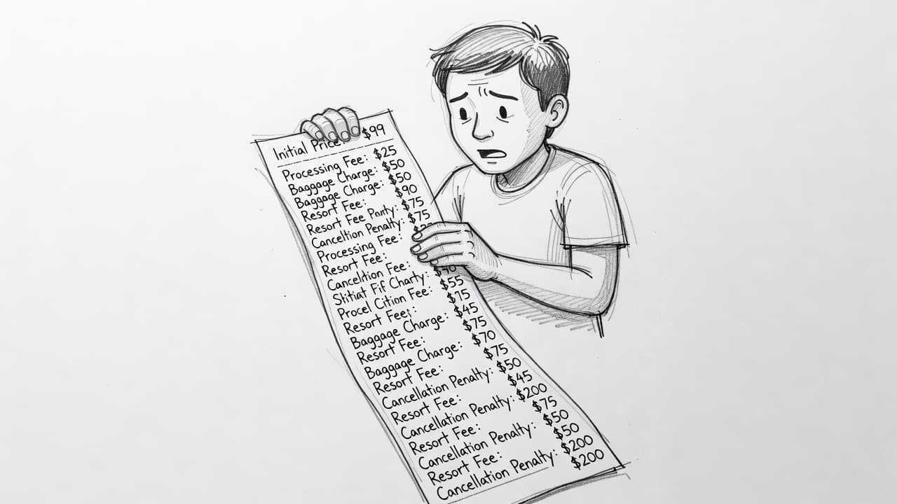 A detailed graphite sketch depicts a person observing a long receipt with concern. The paper displays a small starting cost followed by a vertically extensive list of numerous additional service fees.