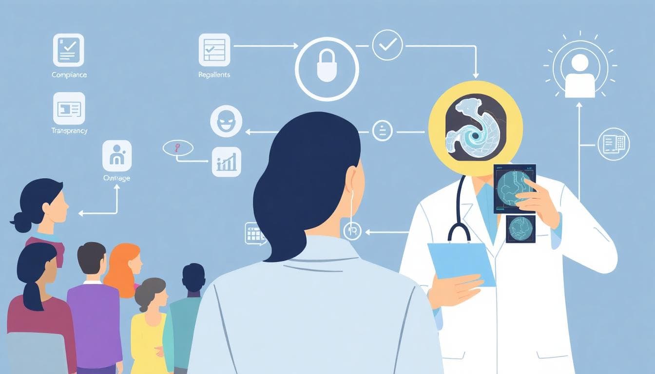 Visual showing high-risk AI in hiring and healthcare, with compliance checklists, human oversight icons, and secure data flows. Image created with AI.