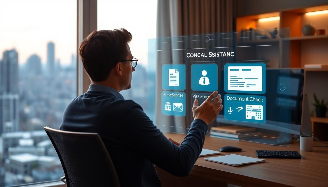 A person in a home office using an AI interface for consular services, with forms and document checks visible on a holographic screen. Image created with AI.