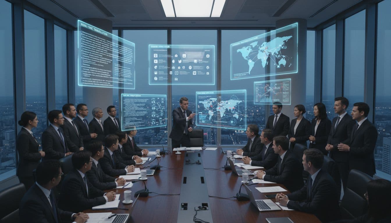 AI Diplomacy in 2025, What You Need to Know (Deepfakes, Data, Trust) Diplomats from various countries gather in a modern conference room around a table with papers and laptops, using floating holographic screens for real-time translations, social media news, disaster aid maps, and sanction evasion detection in financial transactions, with a city skyline at dusk outside.