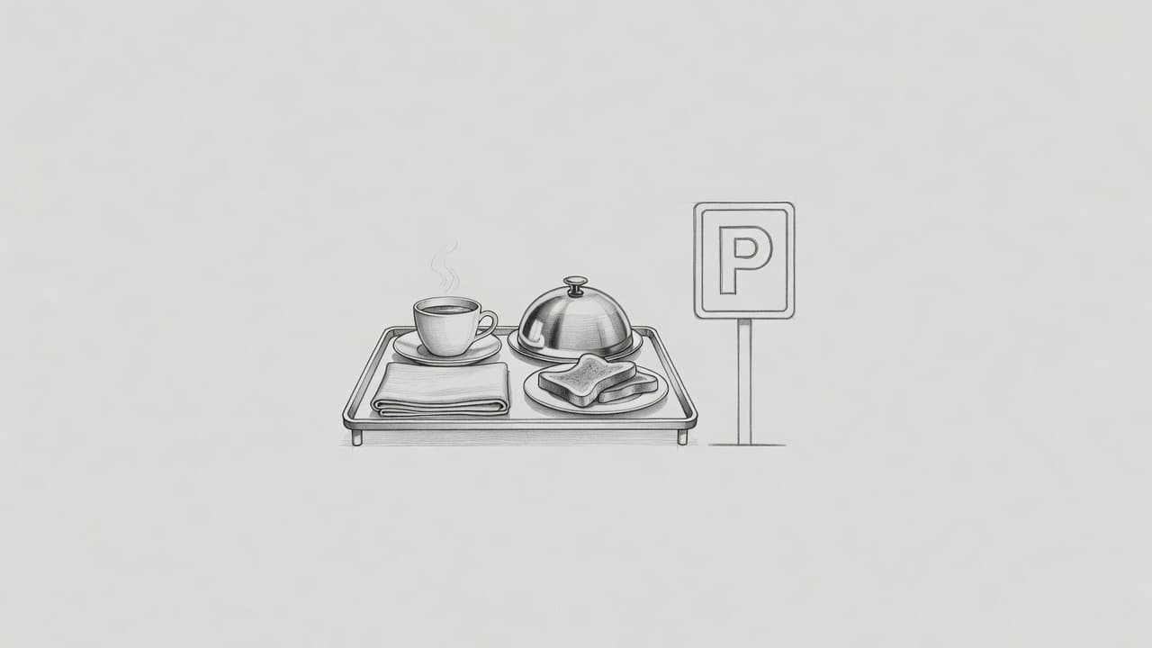 A detailed graphite sketch displays a silver tray holding a coffee pot and croissant beside a parking sign icon. The clean pencil lines highlight these guest amenities on light gray paper.