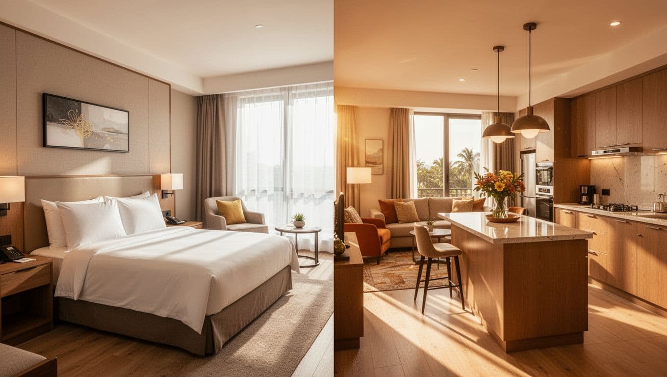 A split-screen composition contrasting a sleek hotel bedroom on the left with a warm, fully furnished apartment featuring an open kitchen layout on the right. Soft golden light fills both spaces.