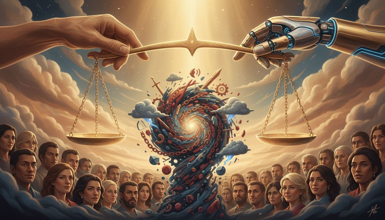 A balanced scale held steady by human and robotic AI hands over swirling chaos of conflict symbols like broken chains and storm clouds, illuminated by soft light with a diverse group watching confidently.
