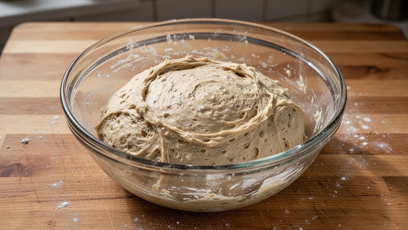 Photorealistic image of improved sourdough dough in a glass bowl after several stretch and fold sets, on a wooden surface in a home kitchen. The dough shows a smooth surface with small bubbles, tighter edges, and an elastic, less sticky appearance.